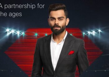 Cricketer Virat Kohli in front of HSBC logo, with a tagline reading "partnership for the ages."
