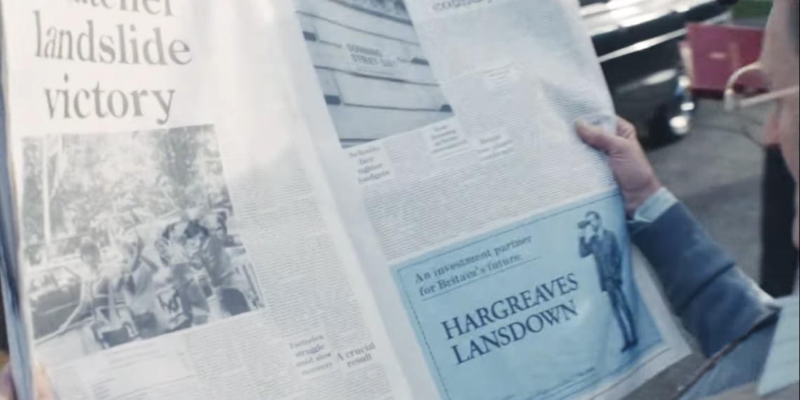 Still from Harsgreaves Lansdown advert. Newspaper showing Thatcher's victory and an advert for Hargreaves Lansdown