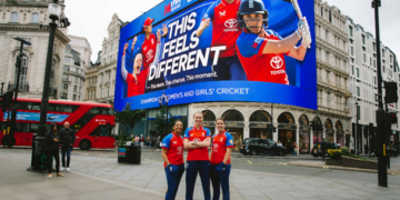 Up In Lights- the 17.6metre by 44.6metre screen. Pictured- Sophia Dunkley, Lauren Bell, Nat Sciver-Brunt. 'This Team, This Chance, This Moment, This Feels Different'.